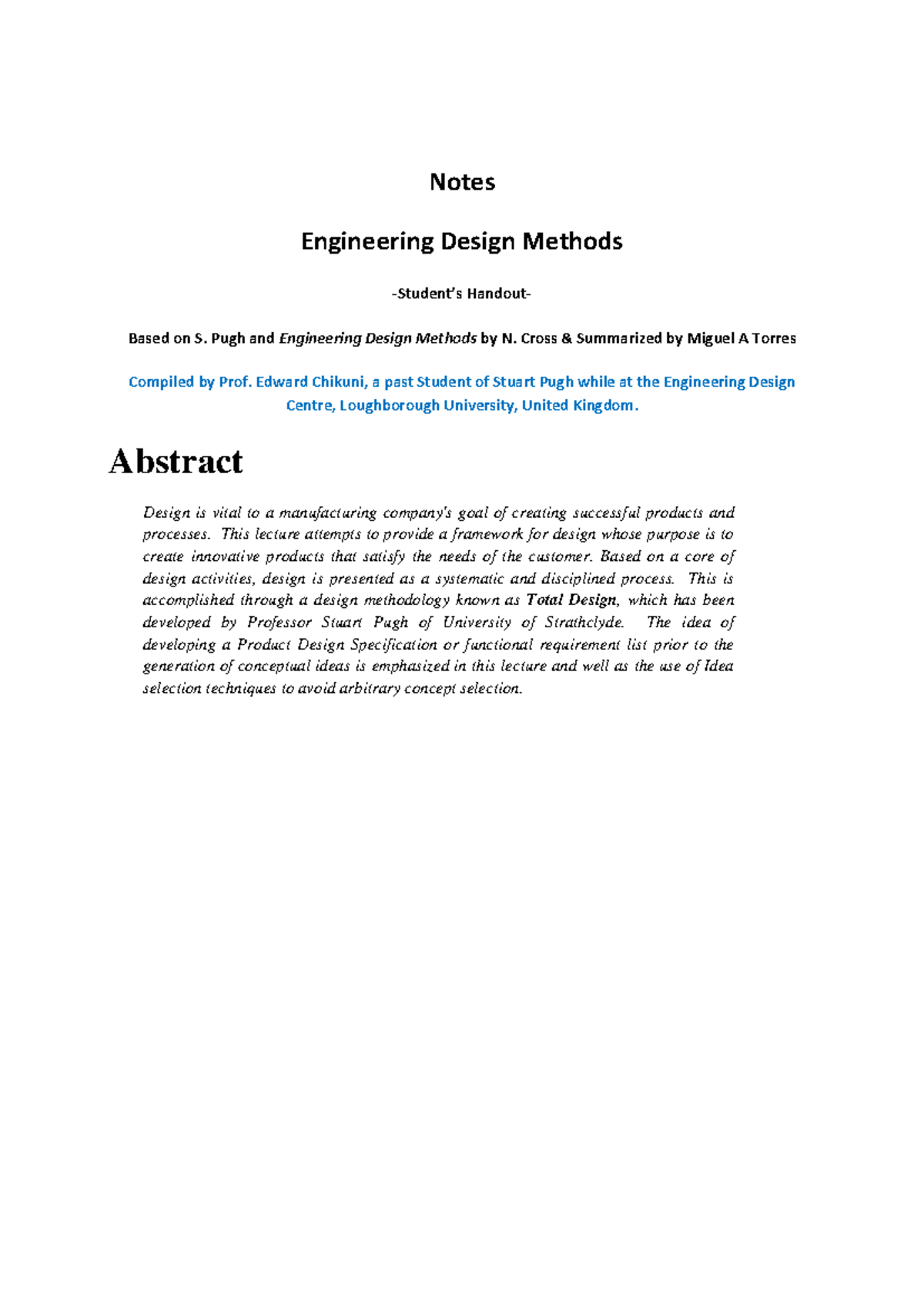 Lecture Notes on Total Design Methodologies (ENGD 101) - Studocu