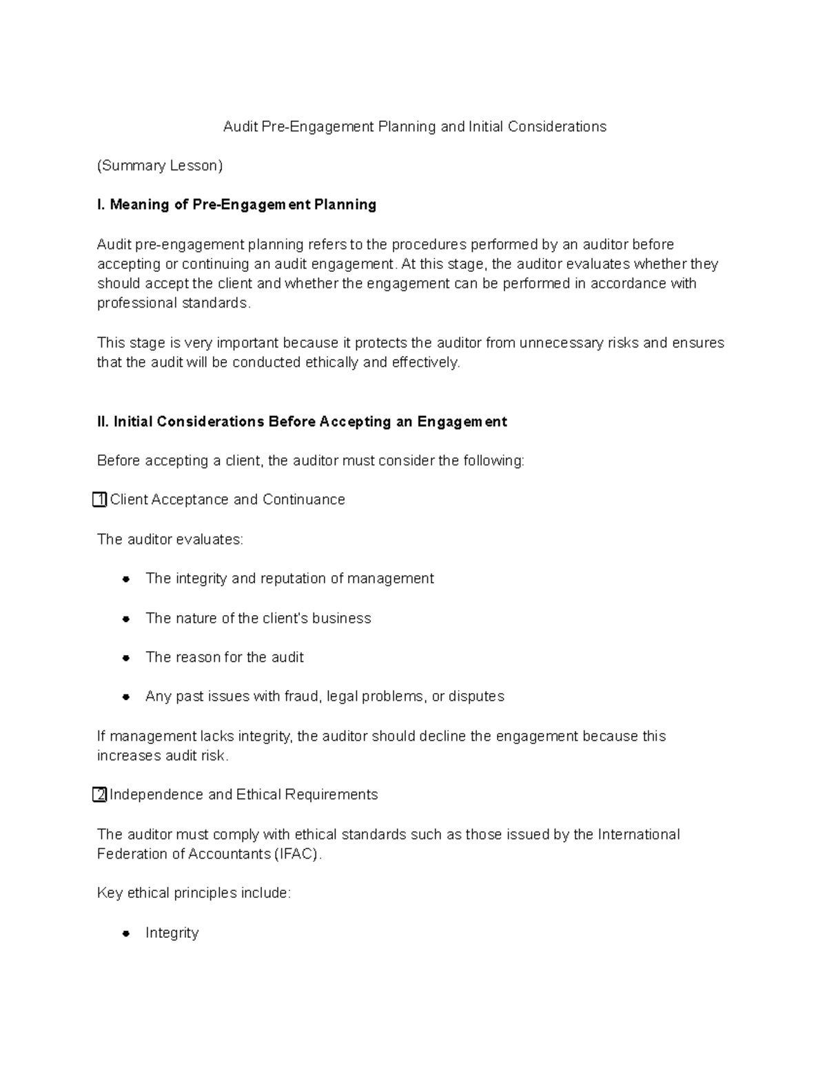 Audit PRE-Engagement & Initial Considerations (Summary Lesson) - Studocu
