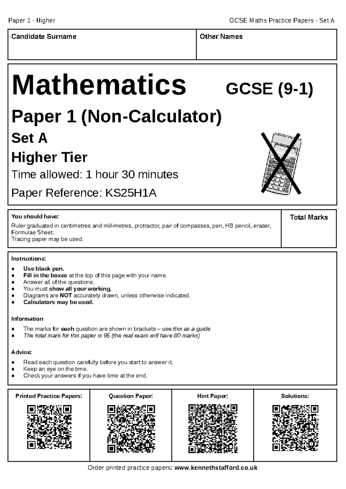 GCSE Maths Paper 1 Higher Practice Questions Set A - Studocu