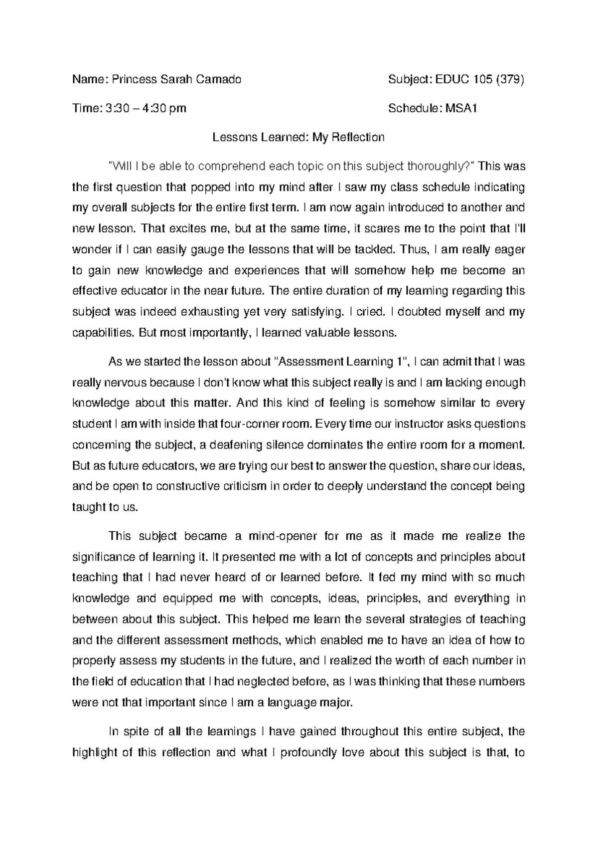 Reflection on Lessons Learned in EDUC 105 (379) - Studocu