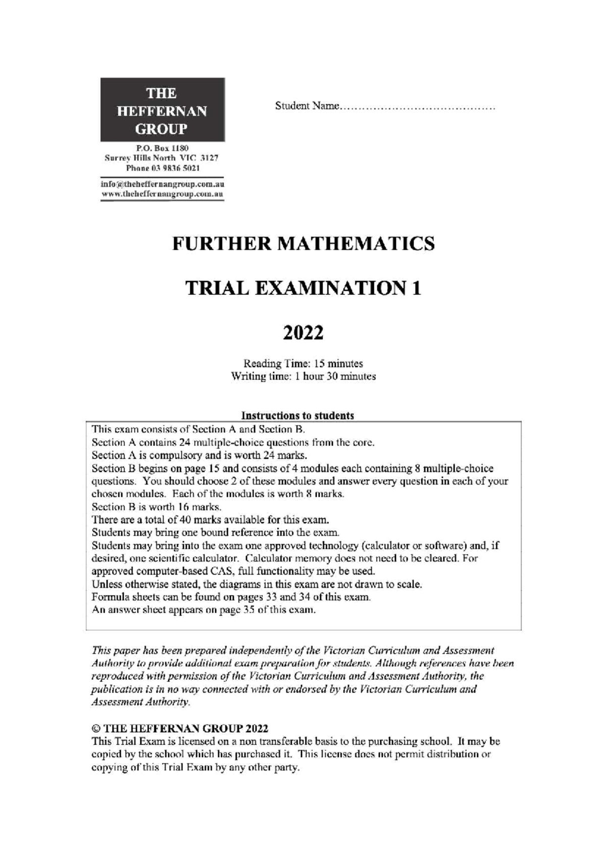 Further Mathematics Trial Exam 1 (Hef 22) - 2022 - Studocu