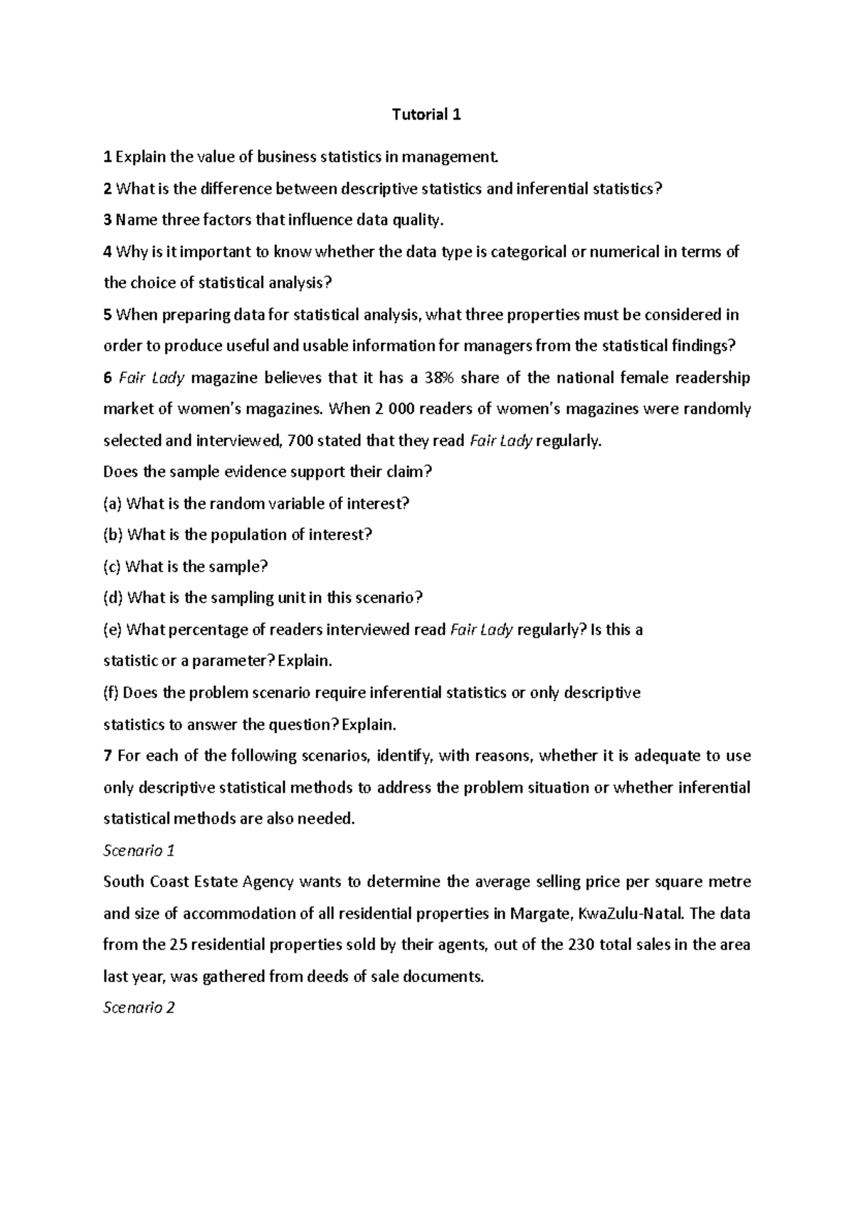 Tutorial 1 2024: Understanding business statistics in management - Studocu