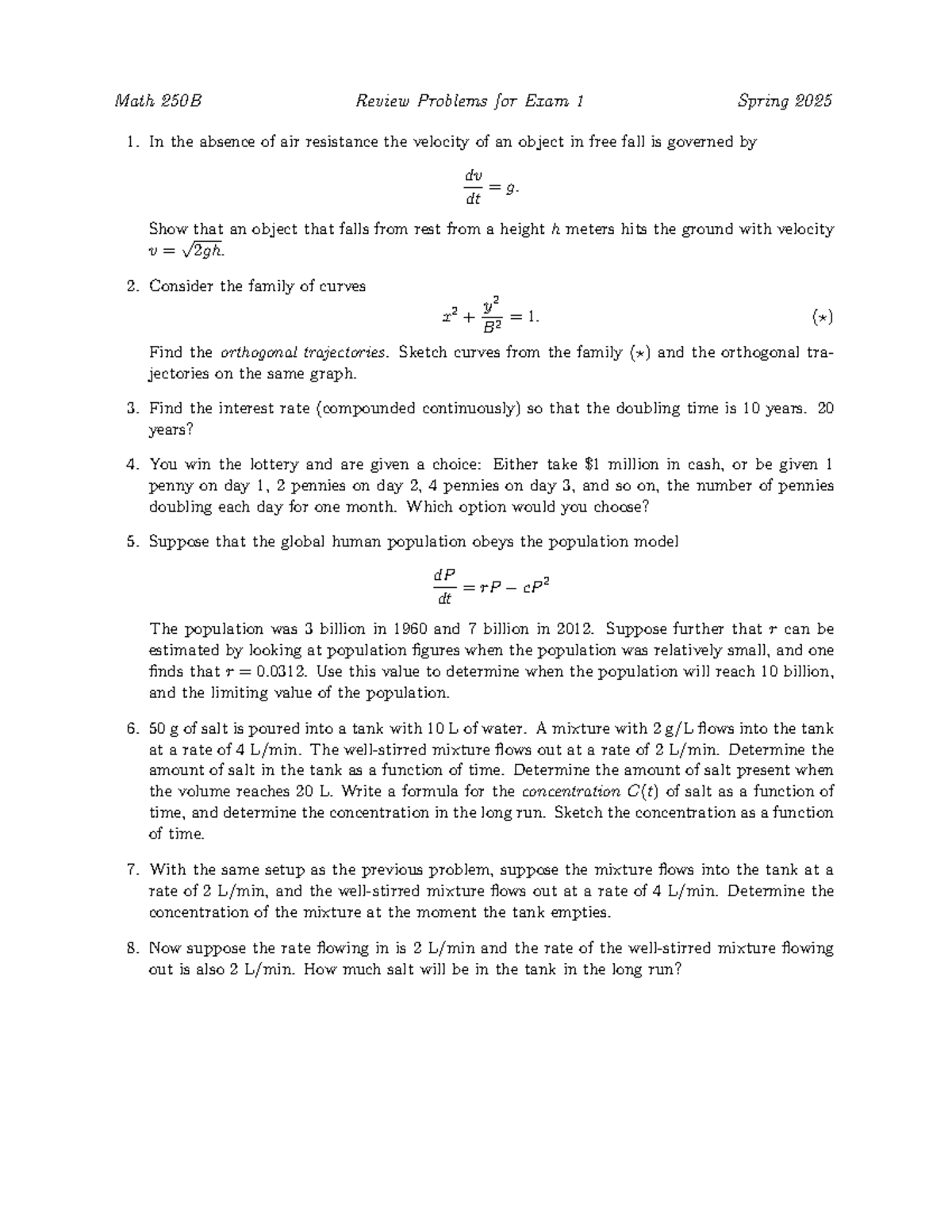 Math 250B Review Problems for Exam 1 Spring 2025 - Math 250B Review ...