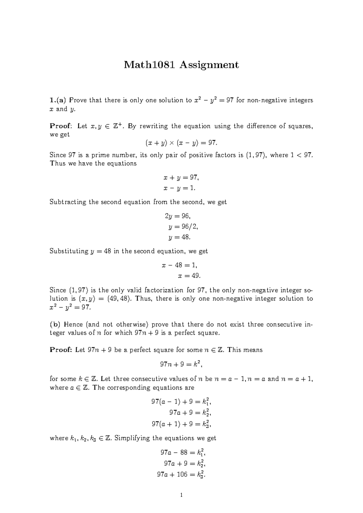 MATH1081 Assignment 1: Proving Unique Solutions and Relations - Studocu