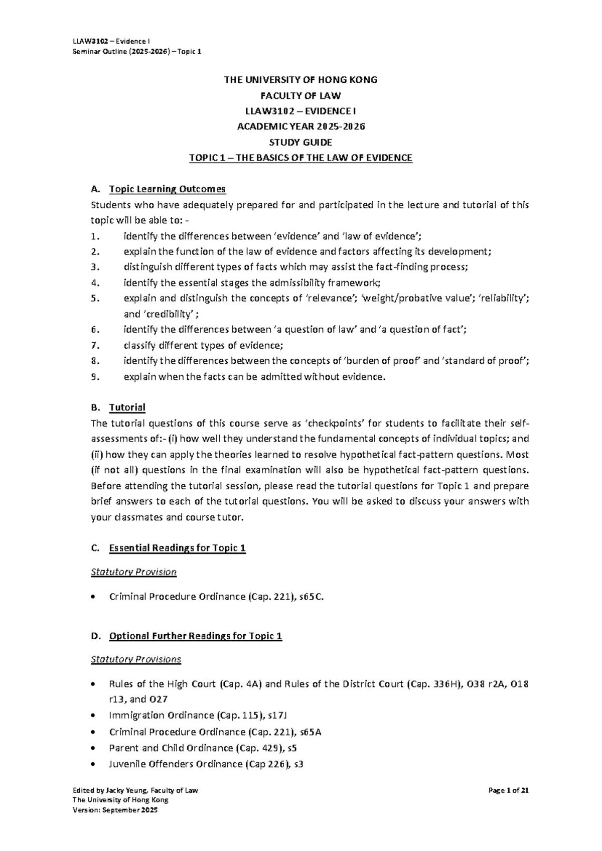 LLAW3102 Evidence I Seminar Outline: Topic 1 - The Basics of Evidence ...