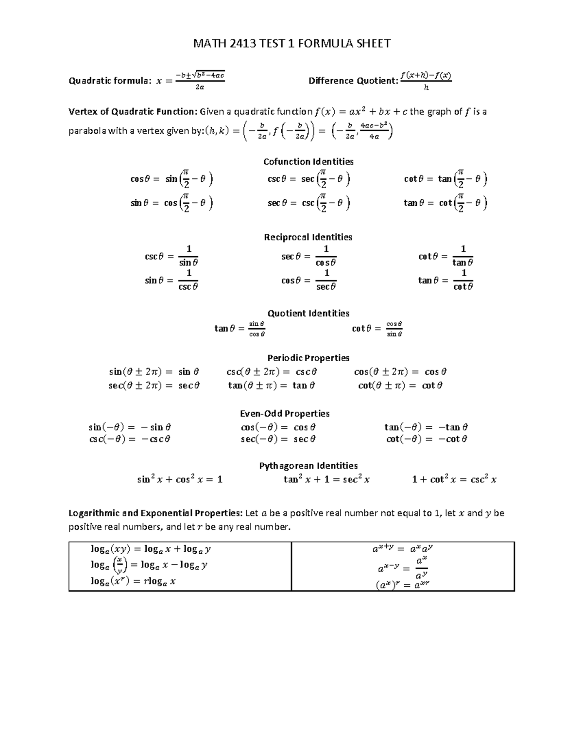 MATH 2413 Test 1 Comprehensive Formula Reference Sheet - Studocu