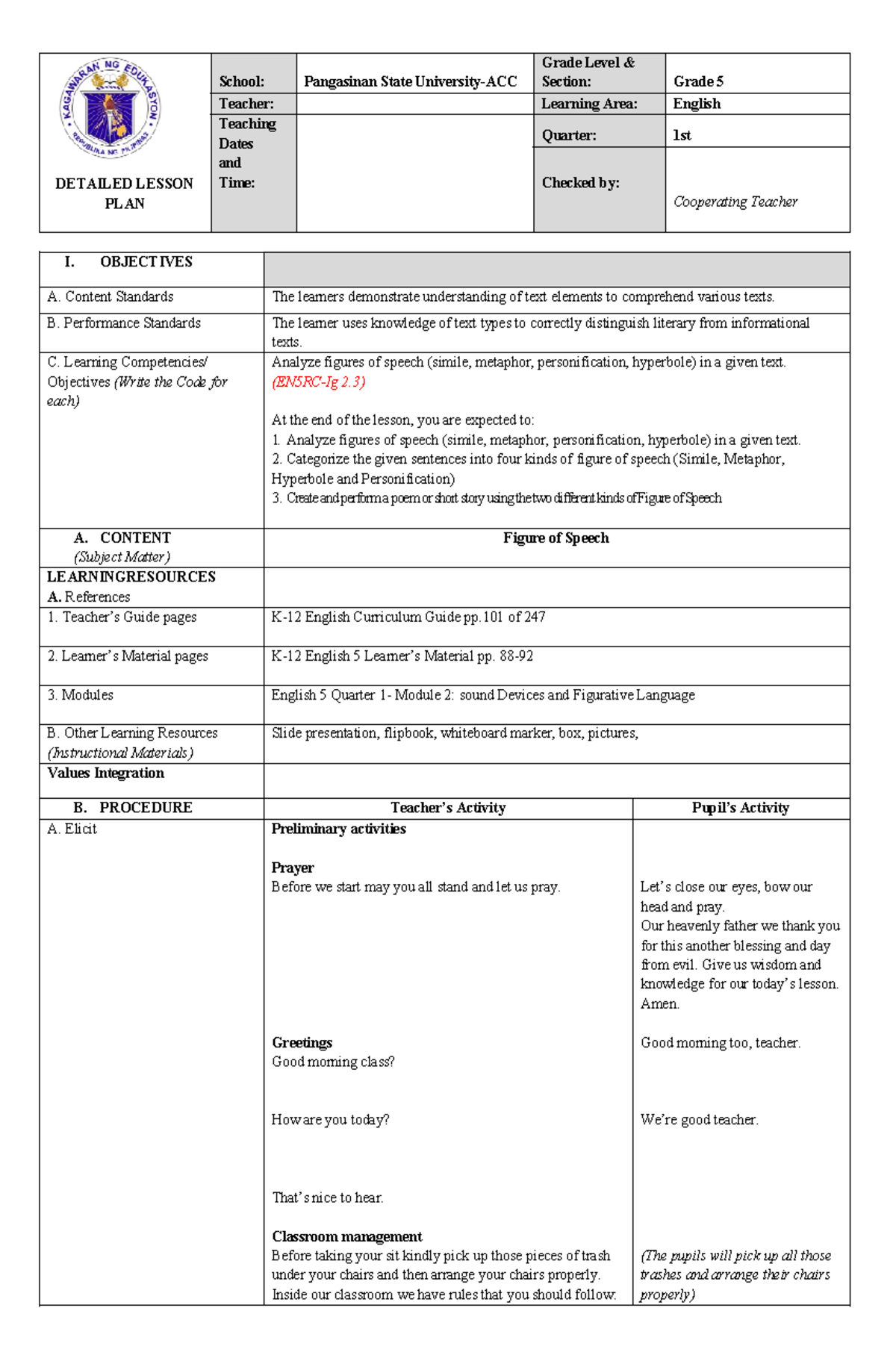 English 5-DLP - Detailed Lesson Plan on Figures of Speech - Studocu