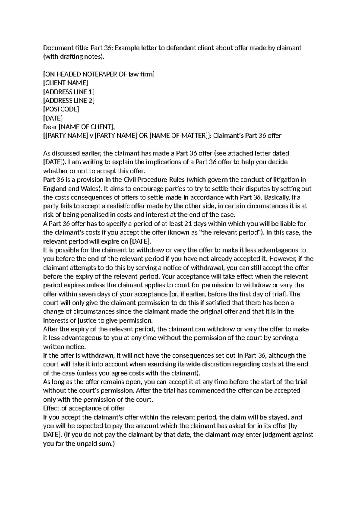Part 36: Client Letter on Claimant's Offer Implications and Guidelines ...