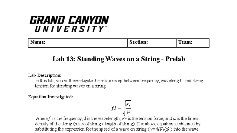 PHY 111 Lab 13: Standing Waves on a String Prelab Guide - Studocu