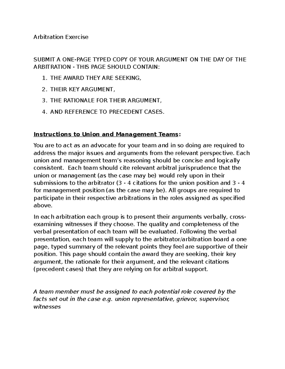 Arbitration Exercise - practice - Arbitration Exercise SUBMIT A ONE ...