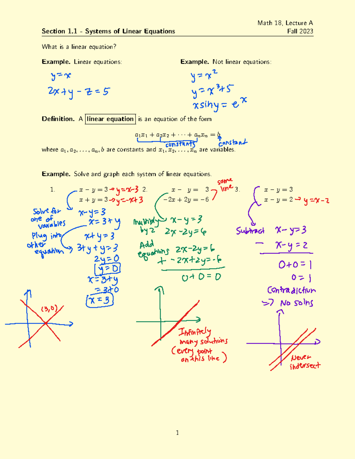 Fall 2023 Lecture Notes: Systems of Linear Equations Overview - Studocu