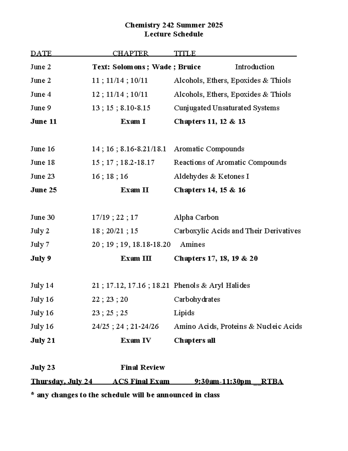 Chemistry 242 Summer 2025 Lecture Schedule and Exam Dates - Studocu