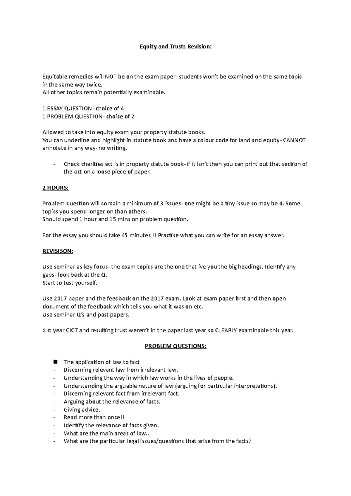 Equity and Trusts Exam Revision Notes: Key Topics & Strategies - Studocu