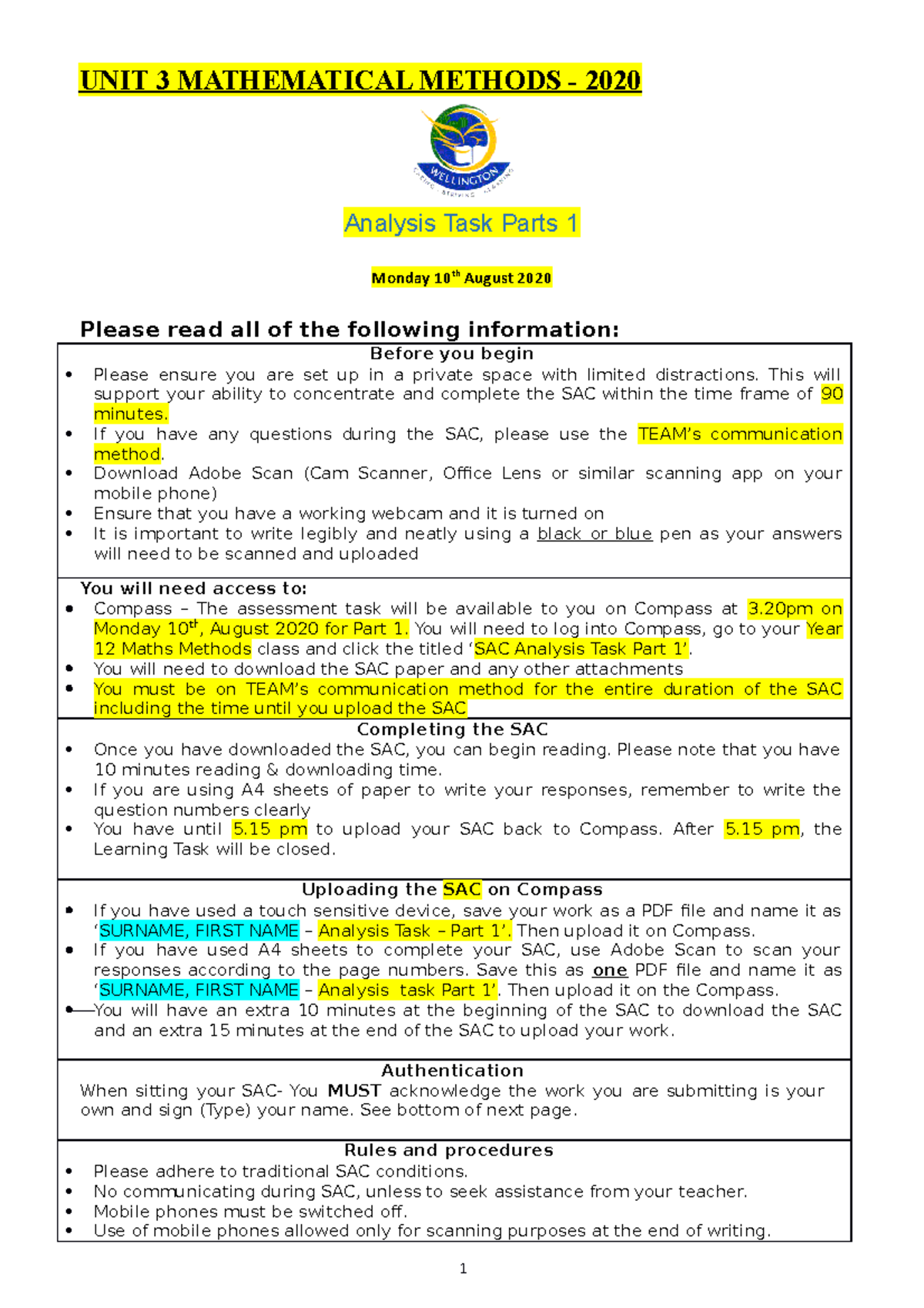 Mathematical Methods Unit 3 SAC Analysis Task Part 1 - 10 Aug 2020 ...