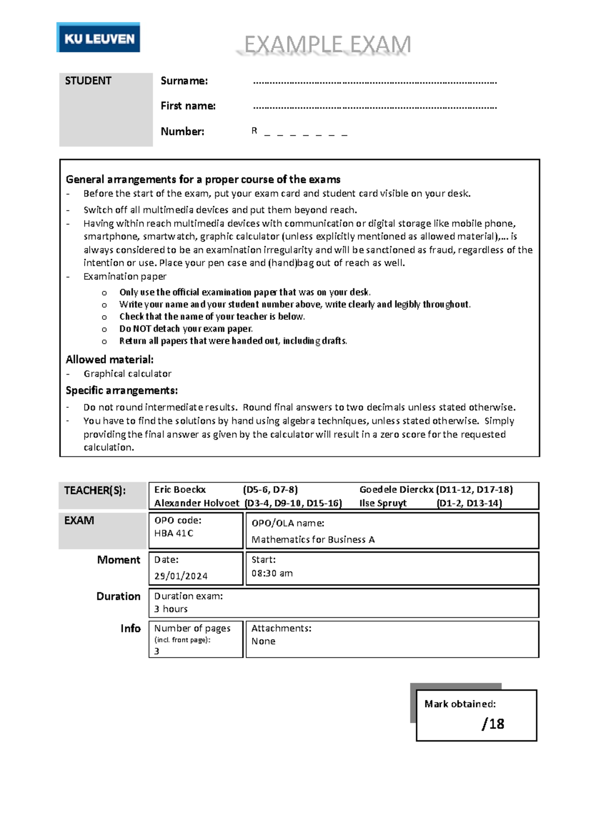 Mathematics for Business A - HBA 41C Mock Exam Preparation Document - Document Preview
