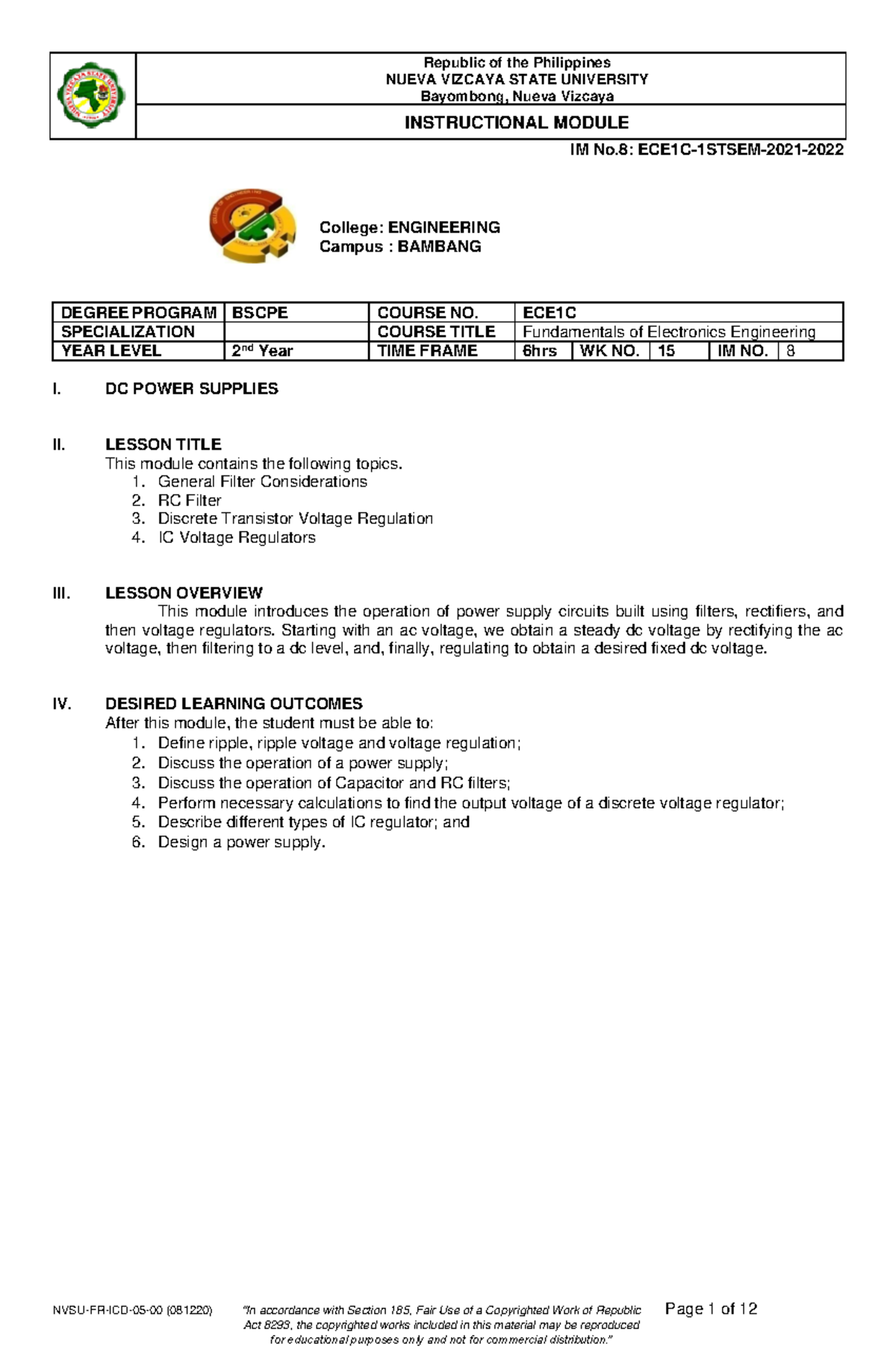 IM8 ECE1C 1 Stsem 2020 2021 - NUEVA VIZCAYA STATE UNIVERSITY Bayombong ...