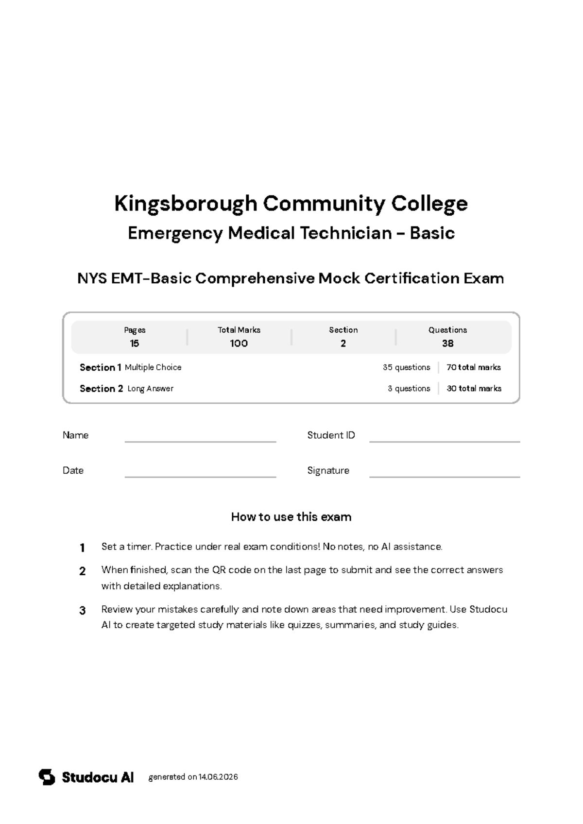 NYS EMT-Basic Mock Certification Exam - Studocu