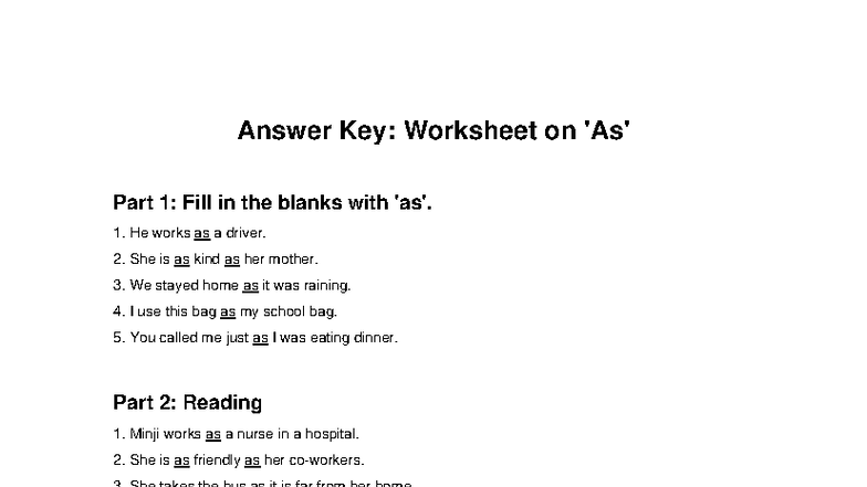 Answer Key: Worksheet on Fill in the Blanks and Reading - Studocu