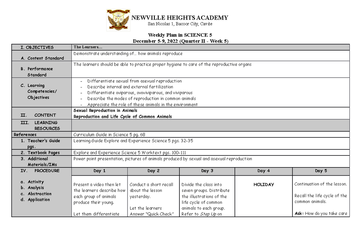 SCI 5 Lesson Plan: Animal Reproduction (Dec 5-9, 2022) - Studocu