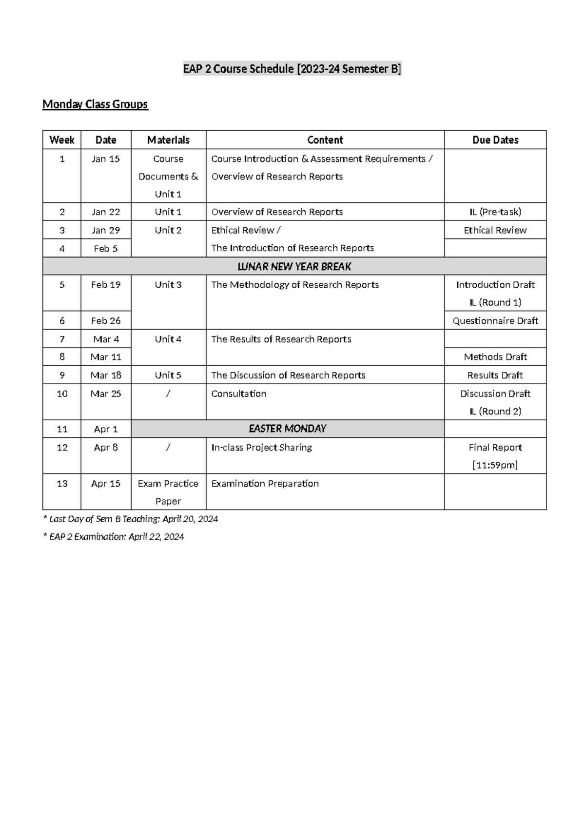 EAP 2 Course Schedule: Semester Overview and Key Dates - Studocu