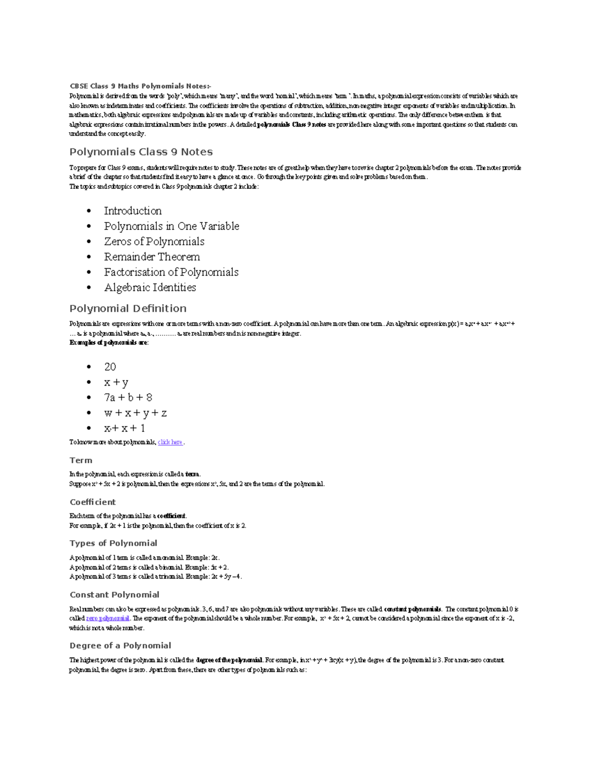 CBSE Class 9 Maths Polynomials: Comprehensive Study Notes - Studocu