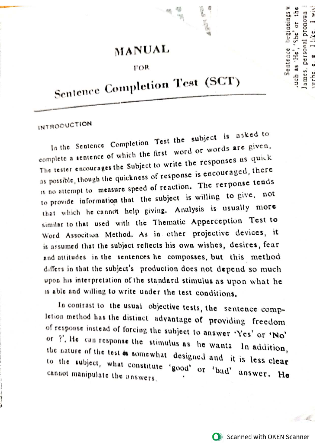 SCT Manual: Sentence Completion Test Overview and Administration - Studocu