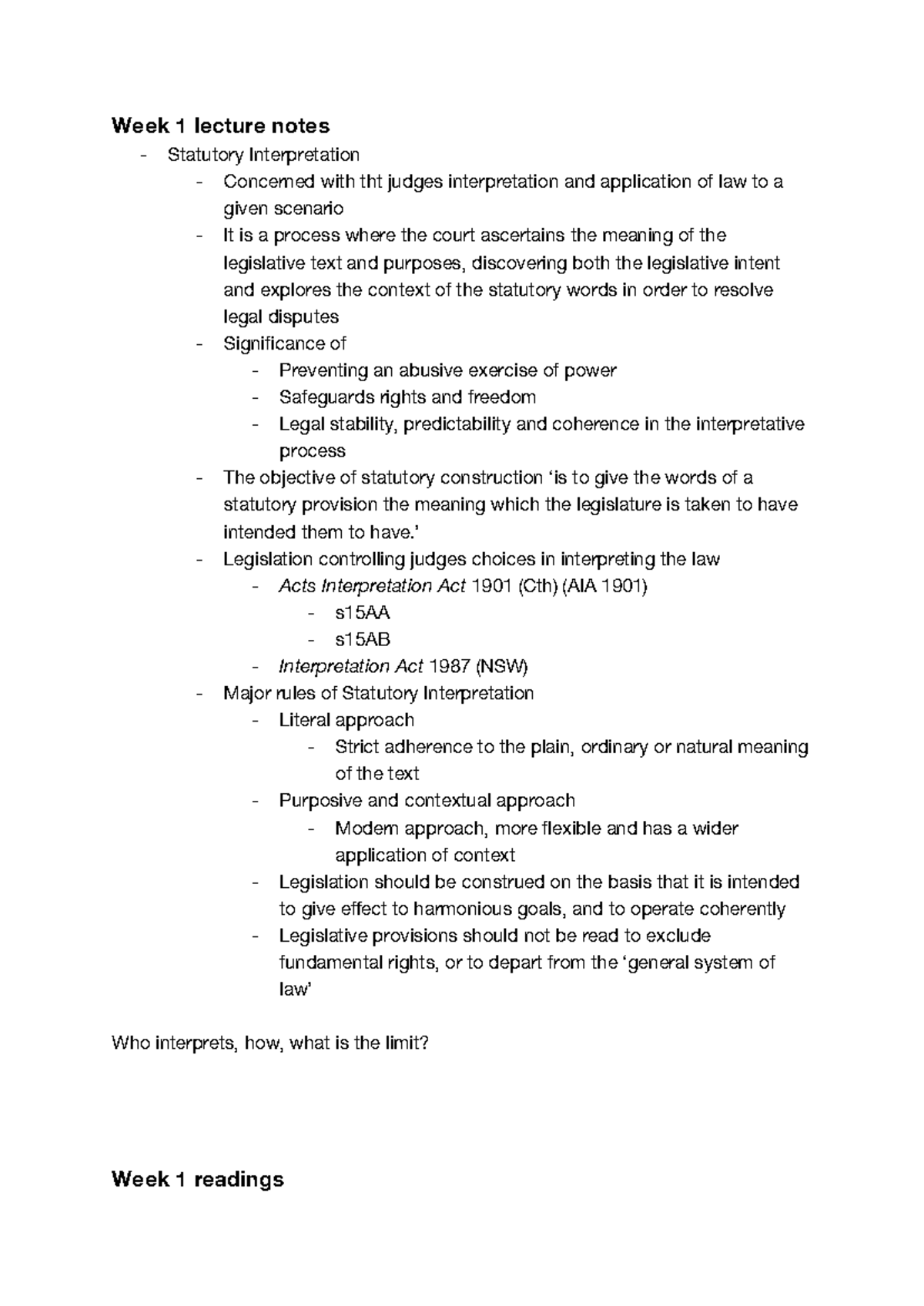 Week 1 Lecture Notes: Statutory Interpretation Overview and Key ...