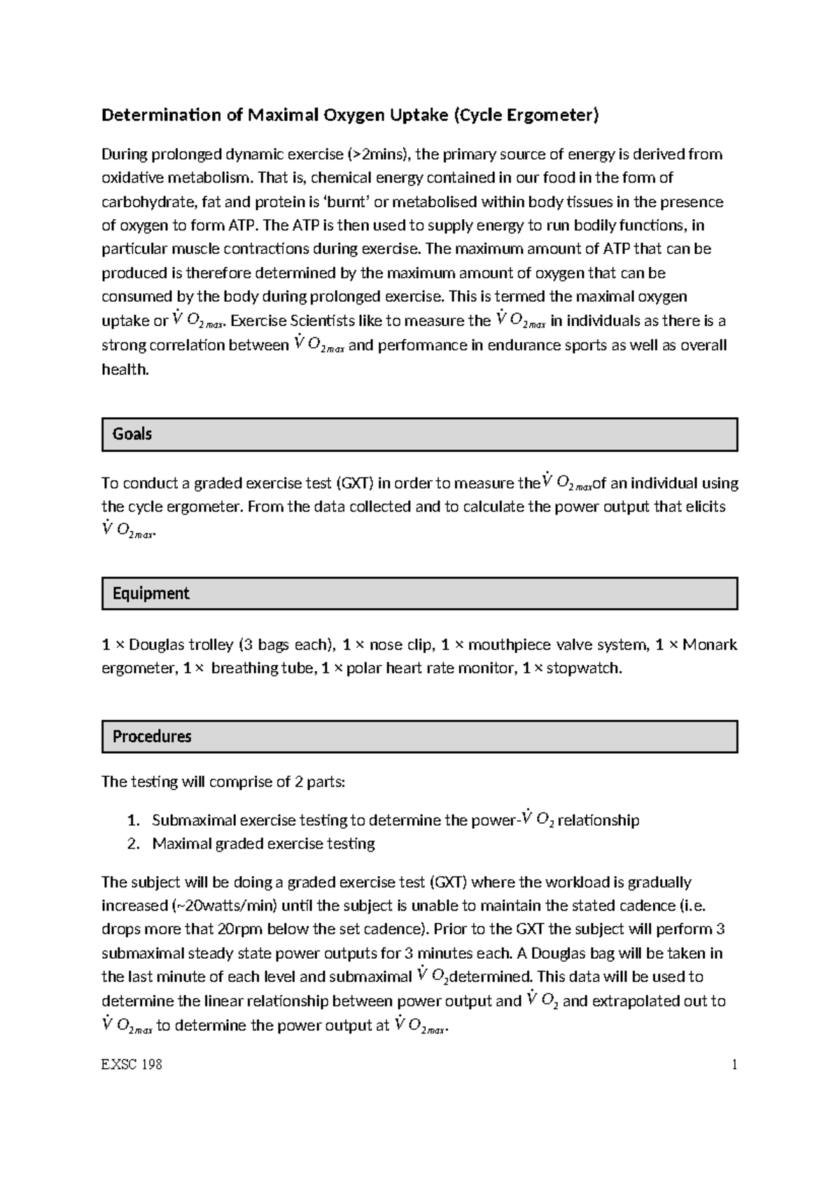 VO2max Lab Worksheet: Graded Exercise Test (EXSC 198) - Studocu