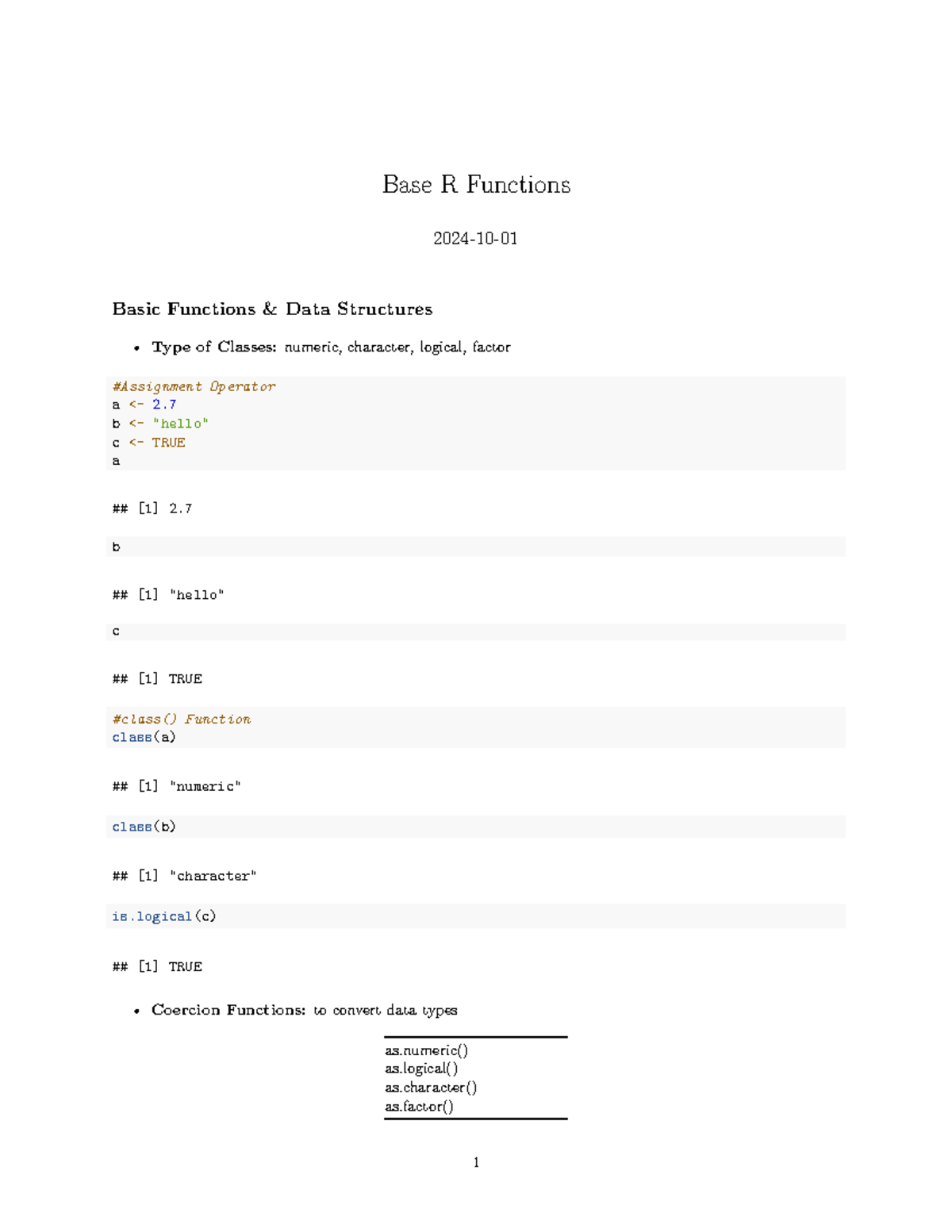 Base R Functions: Data Structures & Class Types Overview - Studocu