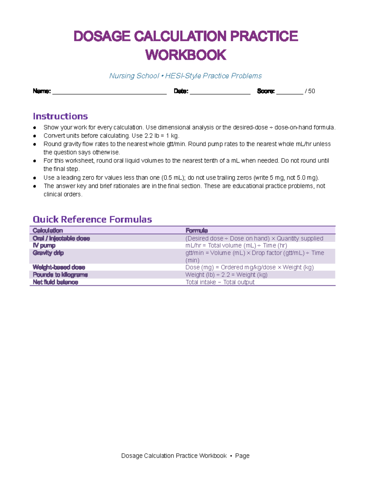 Dosage Calculation Practice Workbook for Nursing Students - Studocu