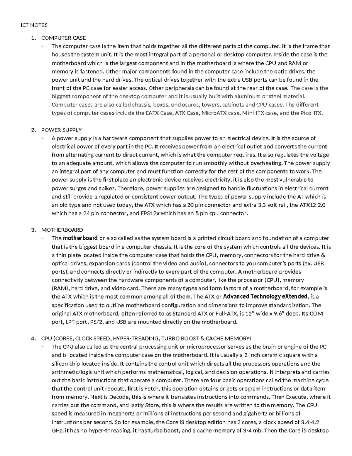 ICT NOTES: Hardware Components Overview and Functions - Studocu