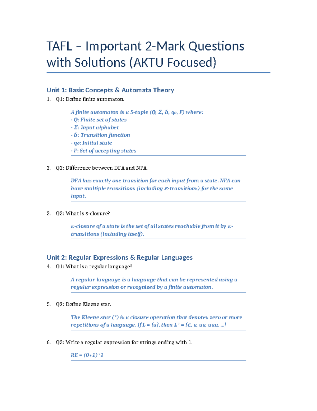 TAFL 2 Mark Questions with Solutions (AKTU Focused) - Studocu
