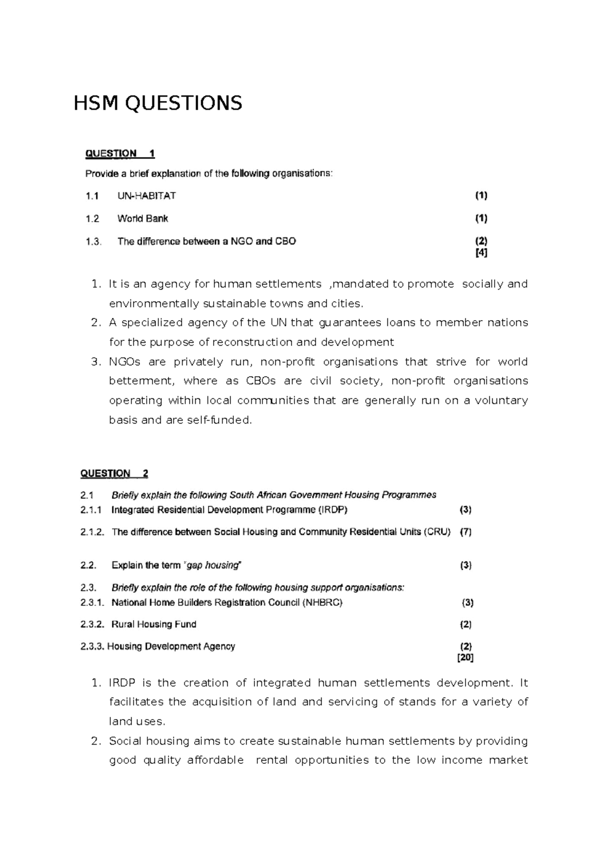 HSM 101: Questions on Human Settlement Development Concepts - Studocu
