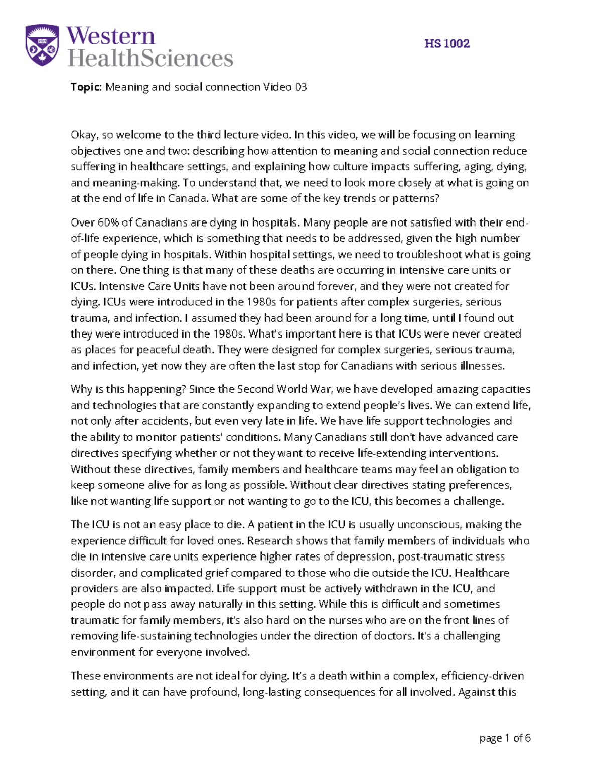 Week 10 v3 - Health Sci 1002B lecture notes - Topic: Meaning and social ...