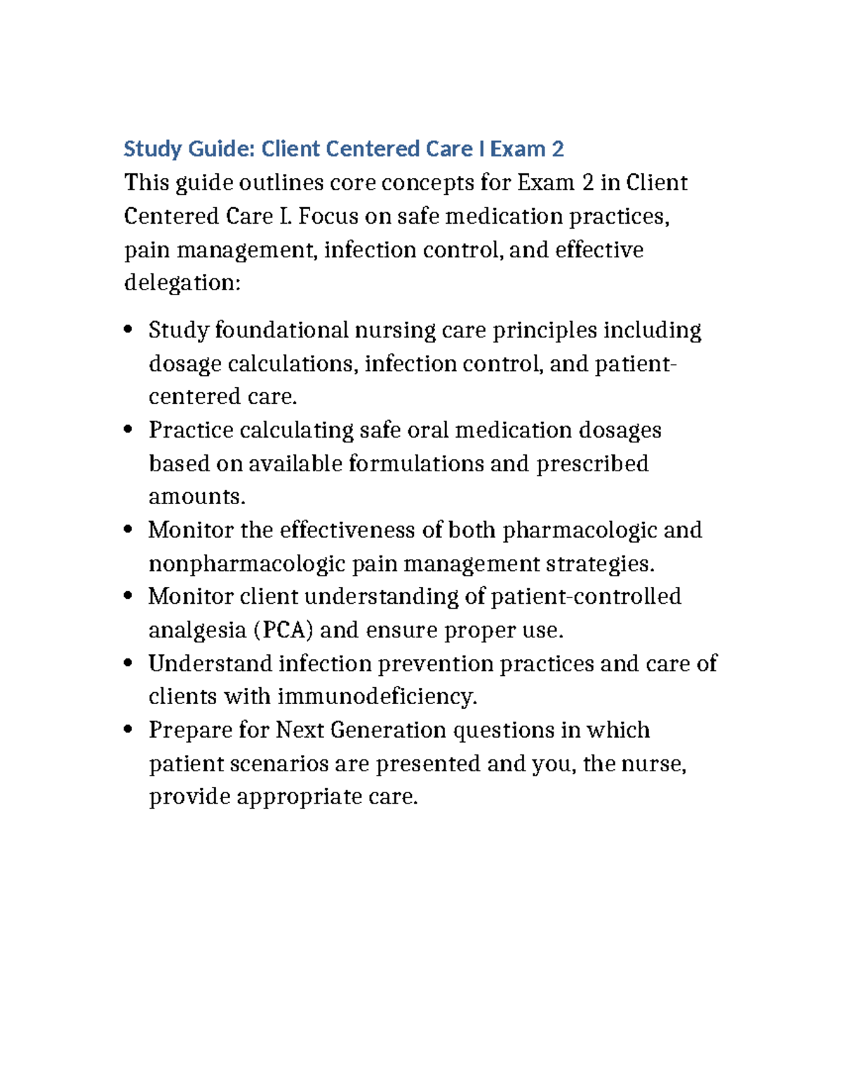Ccc1 Exam 2 Study Guide: Core Concepts in Client Centered Care - Studocu