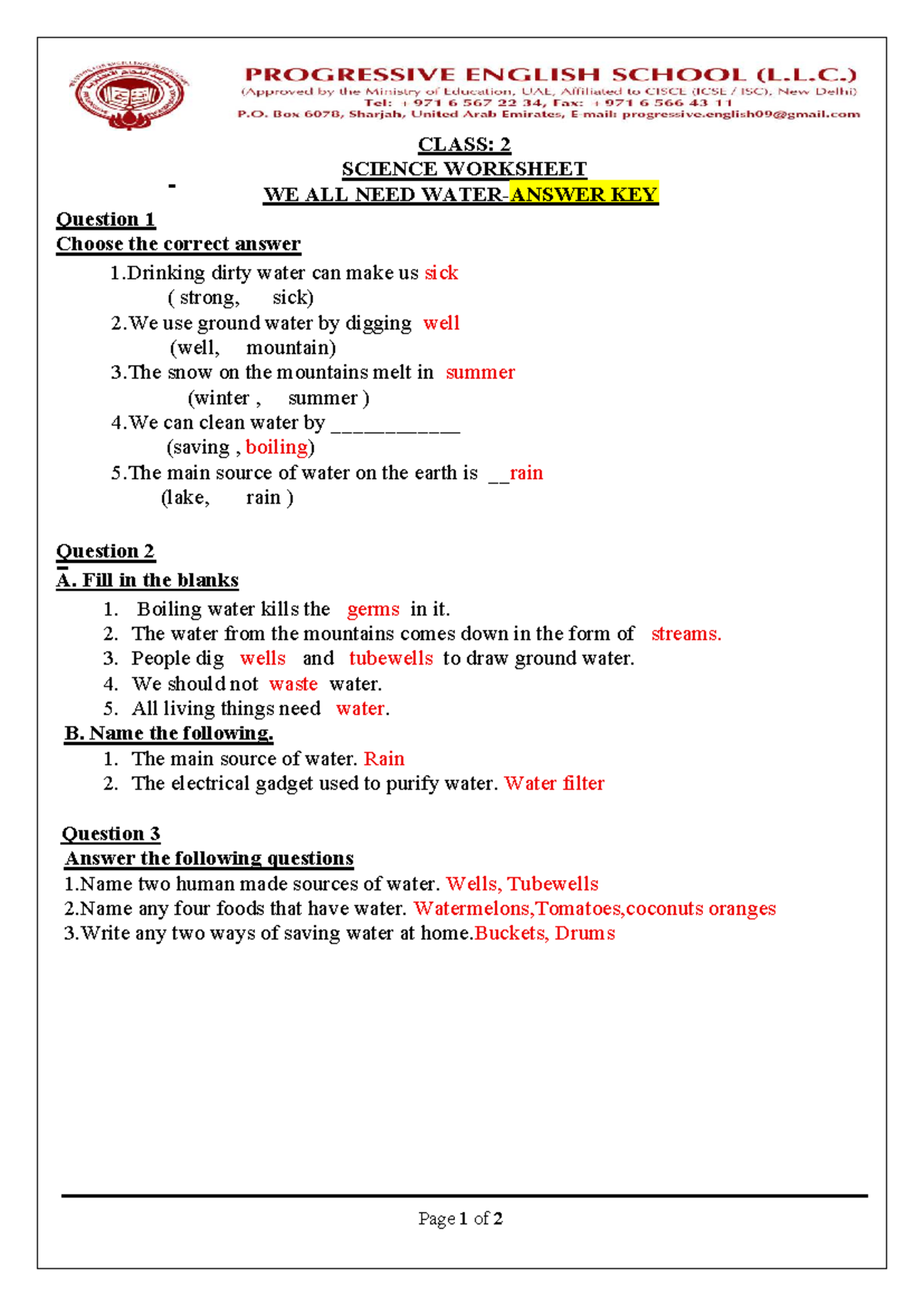 Science Class 2 Worksheet: We All Need Water - Studocu