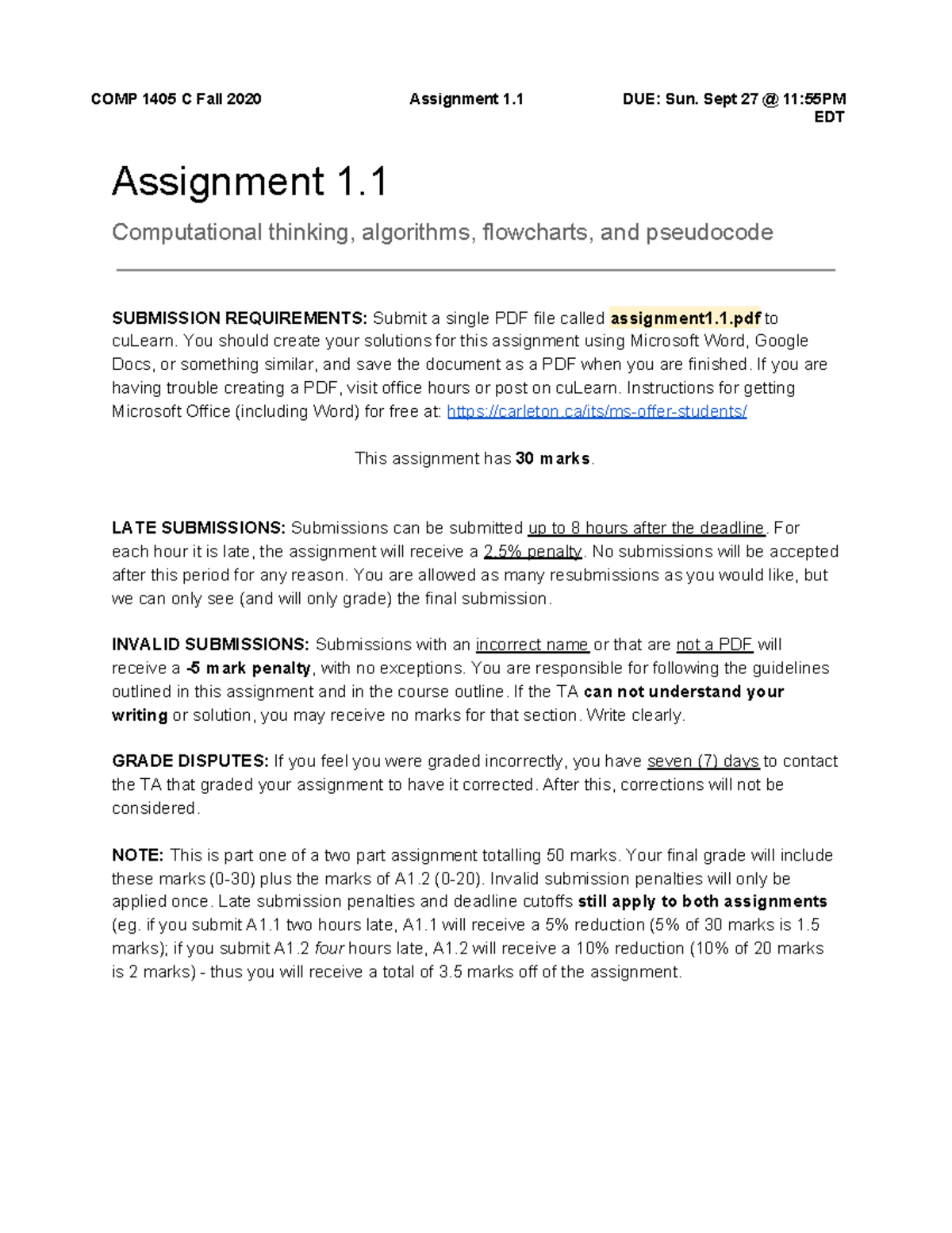 Assignment 1 Specification - COMP 1405 C Fall 2020 Assignment 1 DUE ...