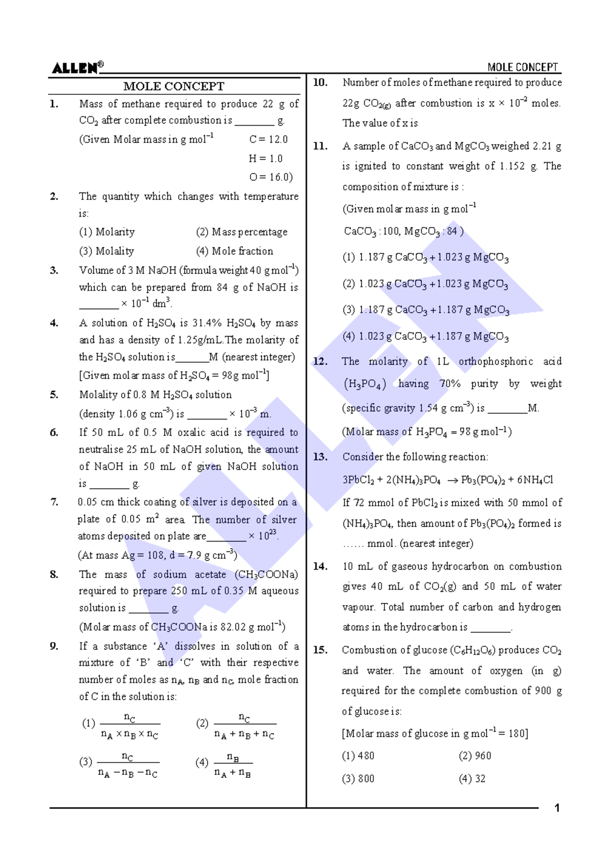 MOLE CONCEPT (13) - Practice Questions and Solutions - Studocu