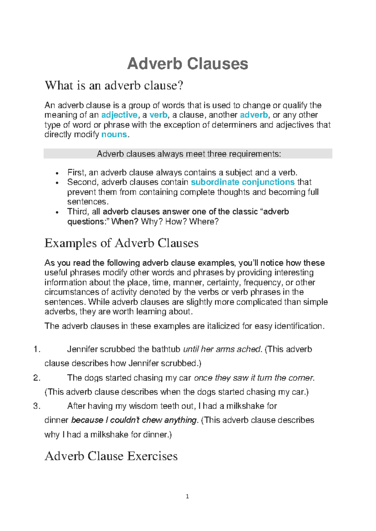 Adverb Clauses: Understanding and Exercises for Mastery - Studocu