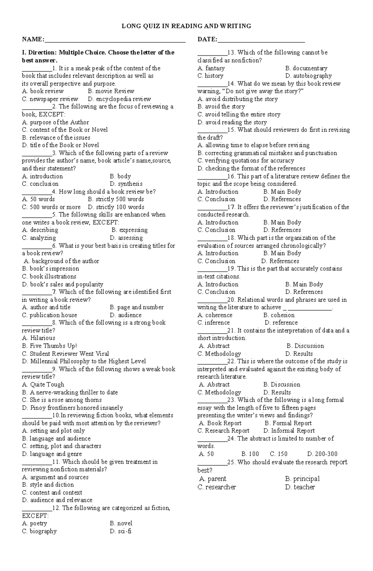 LONG QUIZ IN READING AND WRITING I: Sample Questions and Answers - Studocu