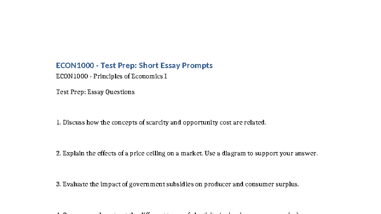 ECON1000 - Test Prep Short Essay Prompts - ECON1000 - Test Prep: Short ...