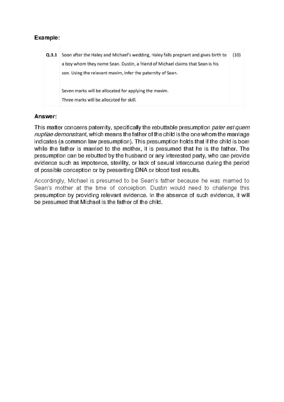 Paternity Presumption Analysis: Example Problem-TYPE Question - Studocu