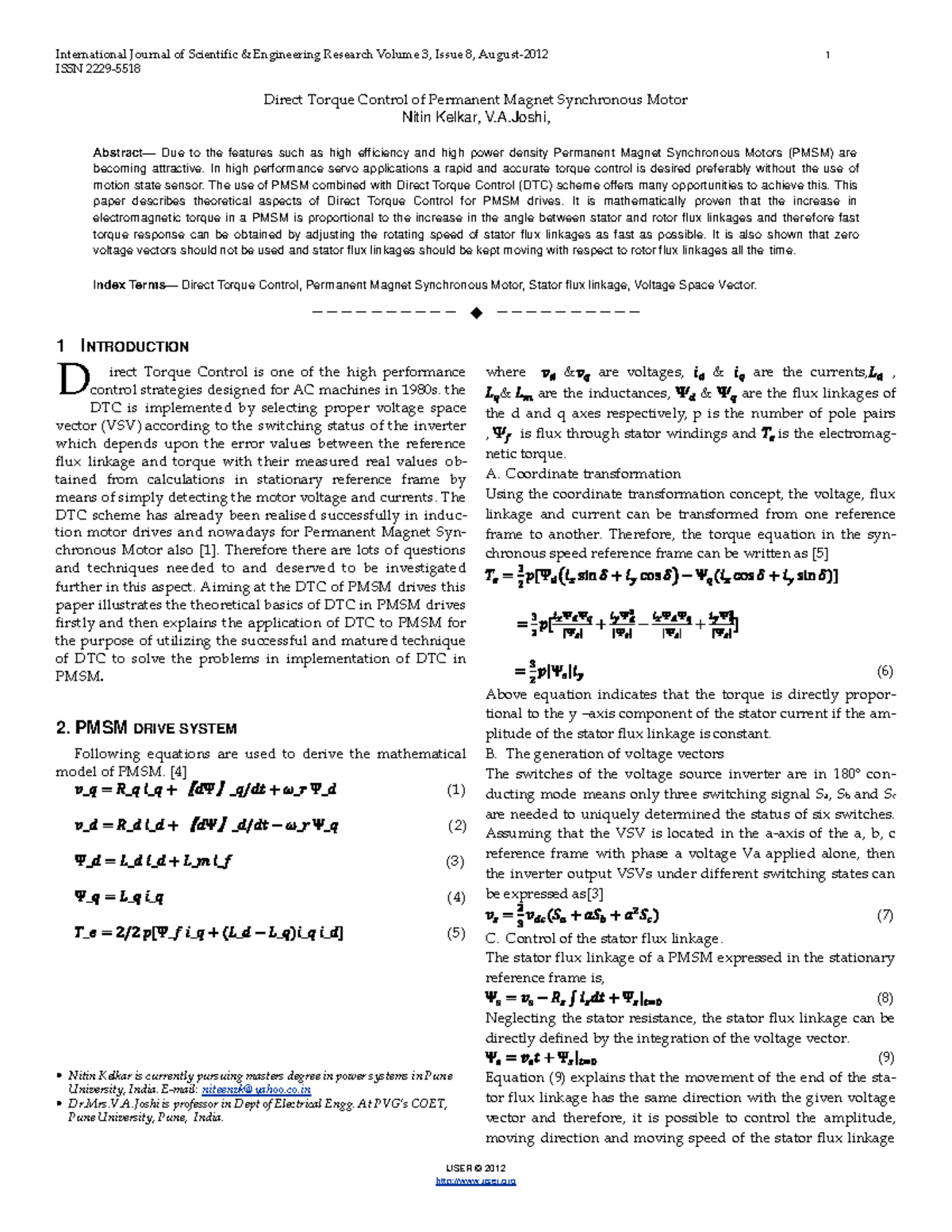 Direct torque control of permanent magnet synchronous motor - ISSN 2229 ...