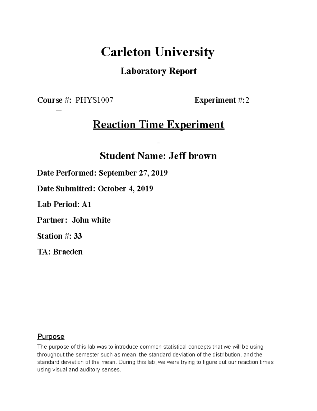 PHYS1007 Lab Report: Analyzing Reaction Time and Statistical Concepts ...