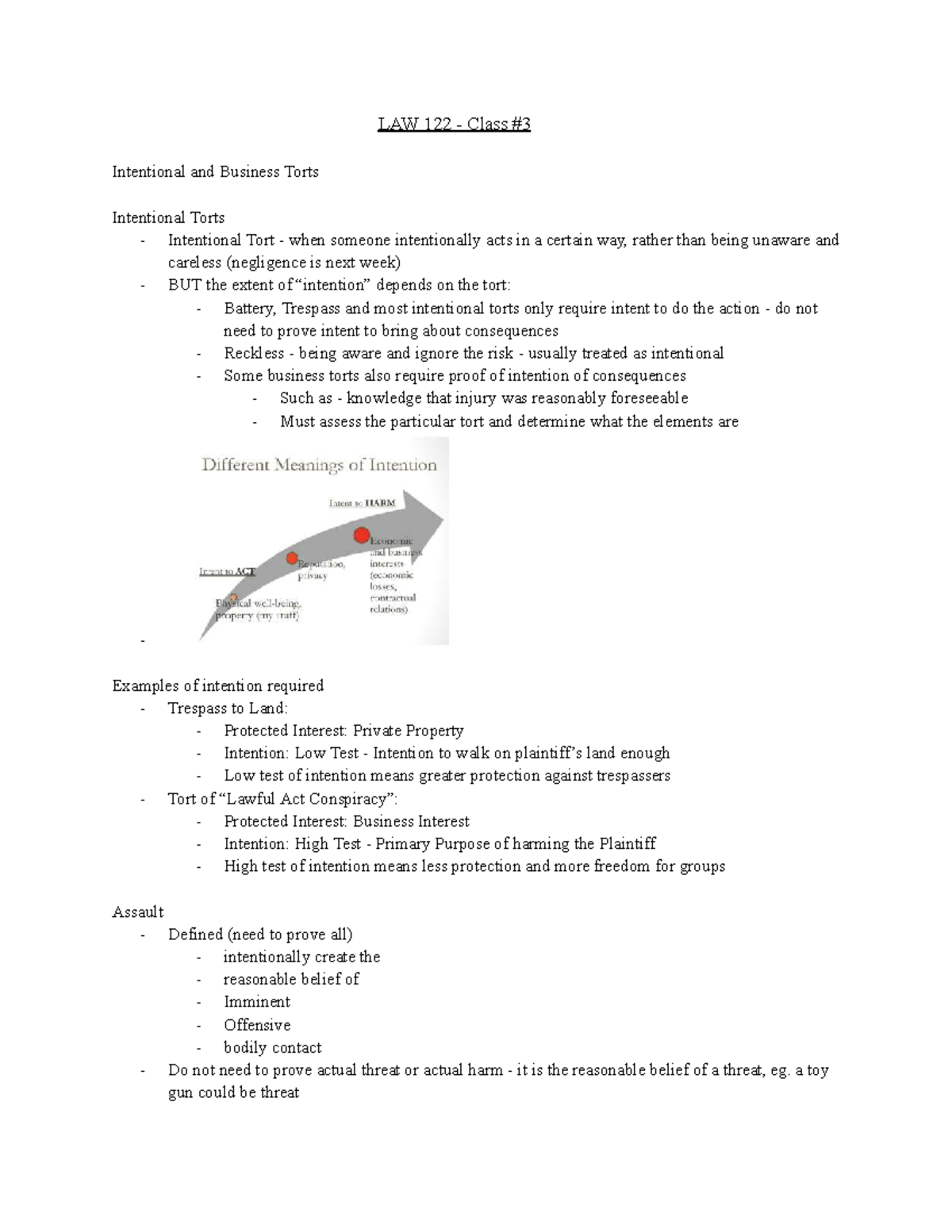 LAW 122 - Lecture 3 Notes on Intentional and Business Torts - Studocu