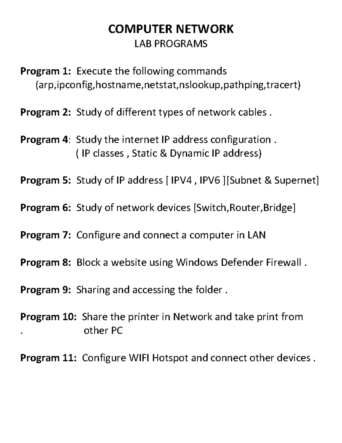 Computer Network Lab Programs: Practical Exercises and Concepts - Studocu
