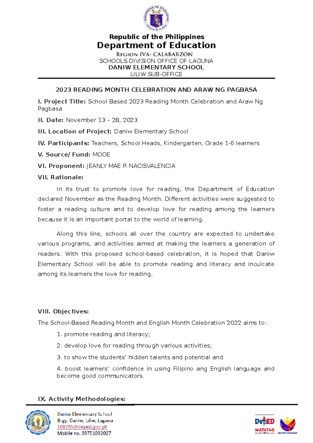**Action Plan for 2023 Reading Month Celebration at Daniw Elementary ...