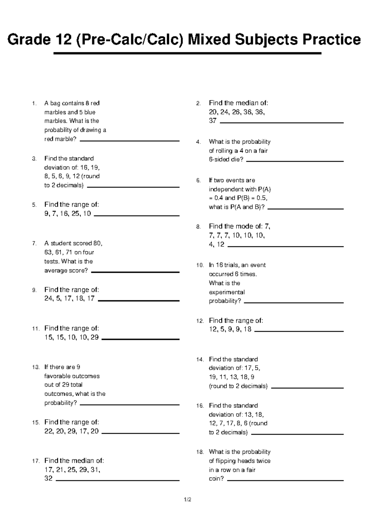 Grade 12 Calc Mixed Subjects Practice 1: Probability & Statistics - Studocu