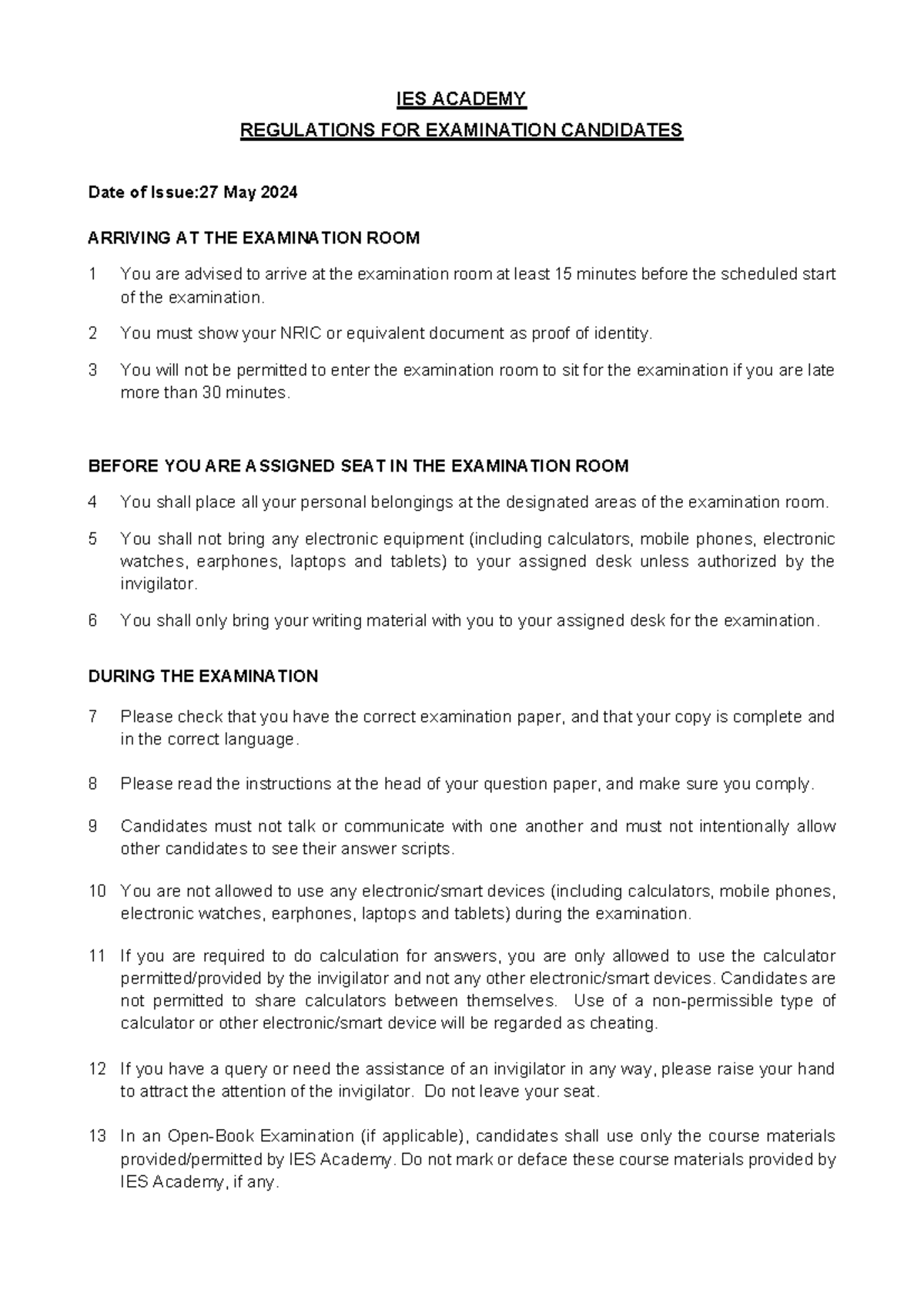 IES ACADEMY EXAMINATION REGULATIONS (Version 4) - 27 May 2024 - Studocu