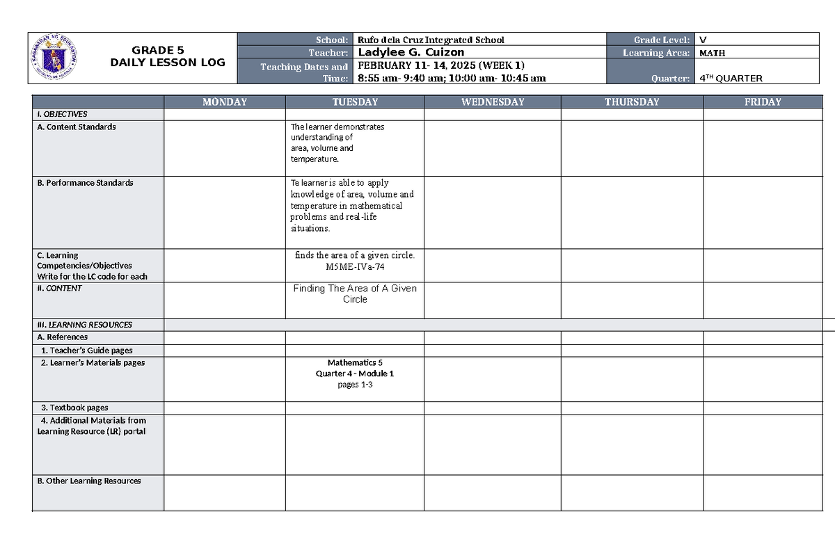 DLL MATH 5 Q4 W1 - Daily Lesson Log for Area & Volume - Studocu